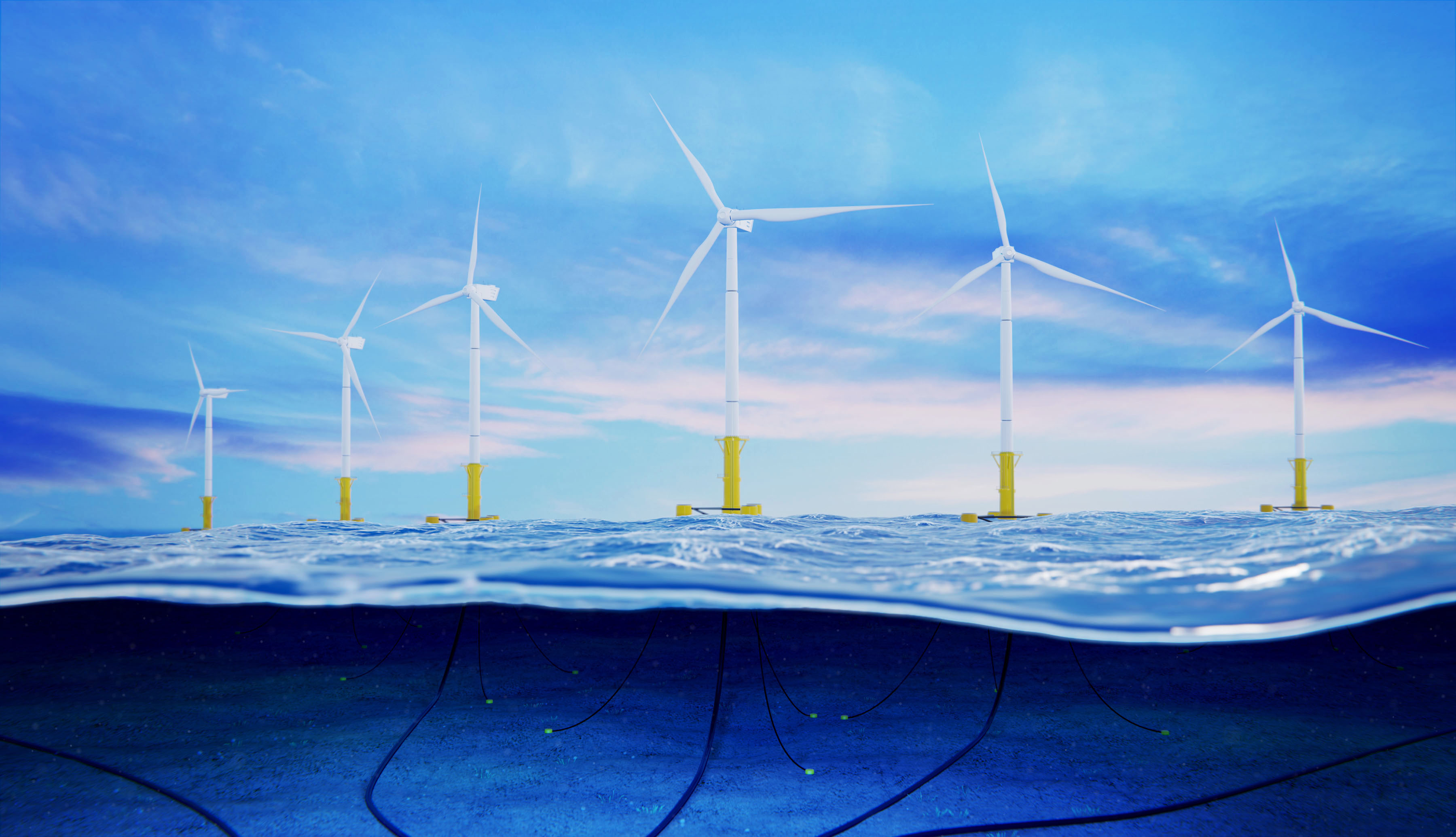 Digital image showing above- and below-water views of a floating offshore wind farm.
