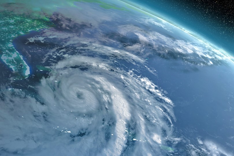 Satellite style image of storm over ocean from space