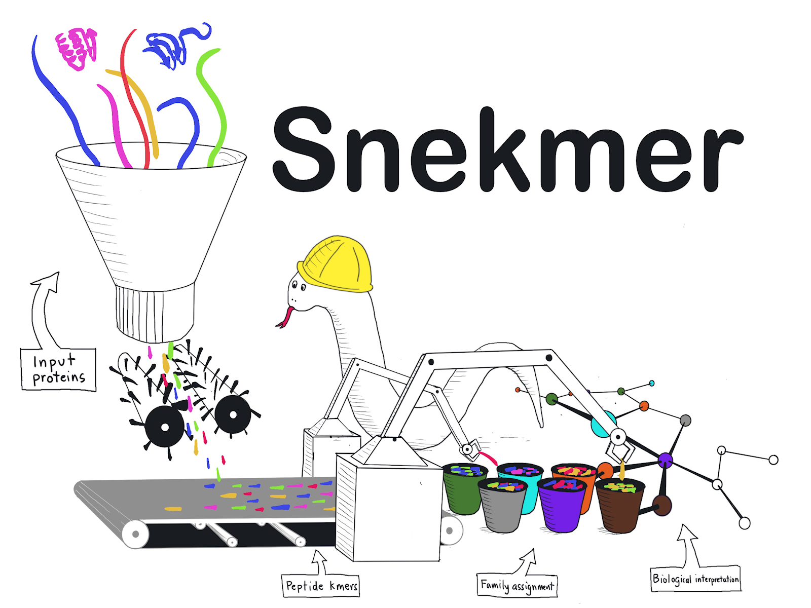 Cartoon illustration of a snake in a hardhat dropping input proteins into a funnel grinder, resulting in peptide kmers landing on a conveyer belt, which are then sorted into buckets labeled "family assignment" and "biological interpretation."