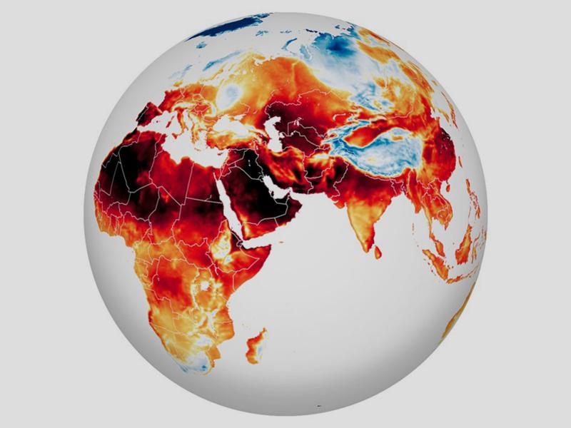 Generated image of a globe with dark warm colors over Africa and the Middle East, representing increasing temperatures