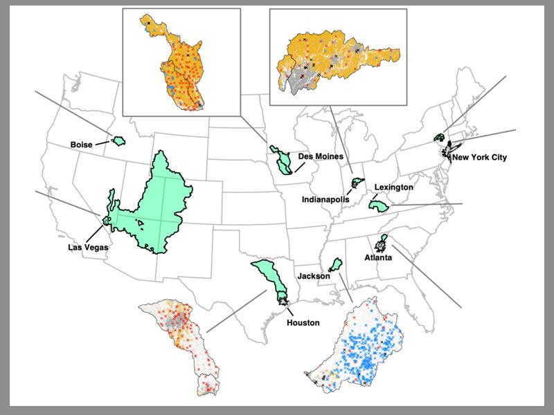 A map of the U.S. showing different watersheds, their uses, and potential contamination sources